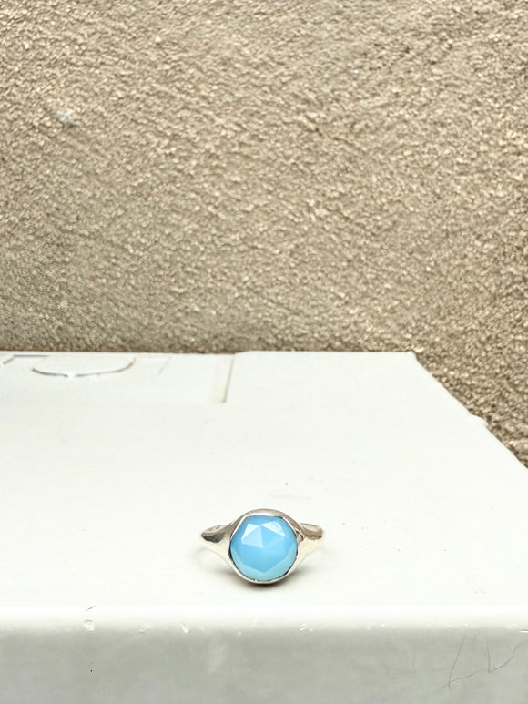 Blue Chalcedony Large Faceted Stone Set Signet Ring