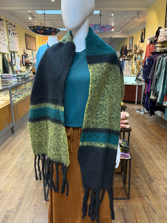 Green Striped Fringe Scarf