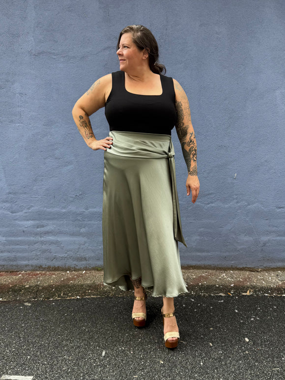 Satin Draped Midi Skirt