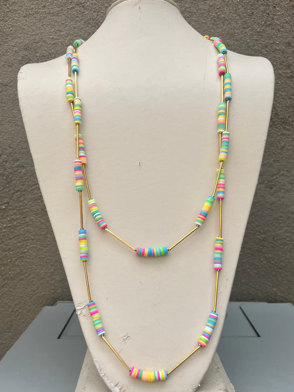 Fold Over Multi Color Bead + Gold Bar Necklace