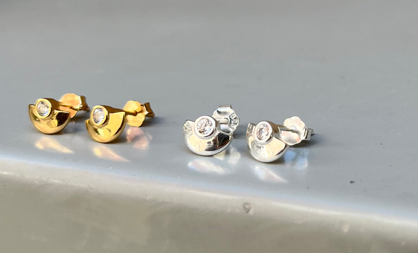 Half Moon Crystal Stud Earrings (metal + gem options)