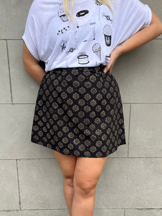 Floral Stamp Black Val Mini Skirt